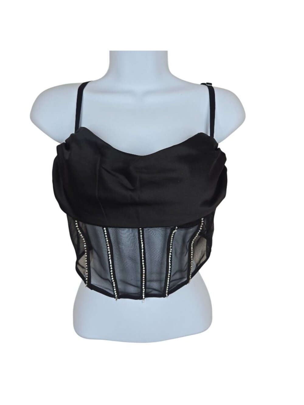 Black Satin Mesh Corset Top Rhinestones Adjustable Straps Women M